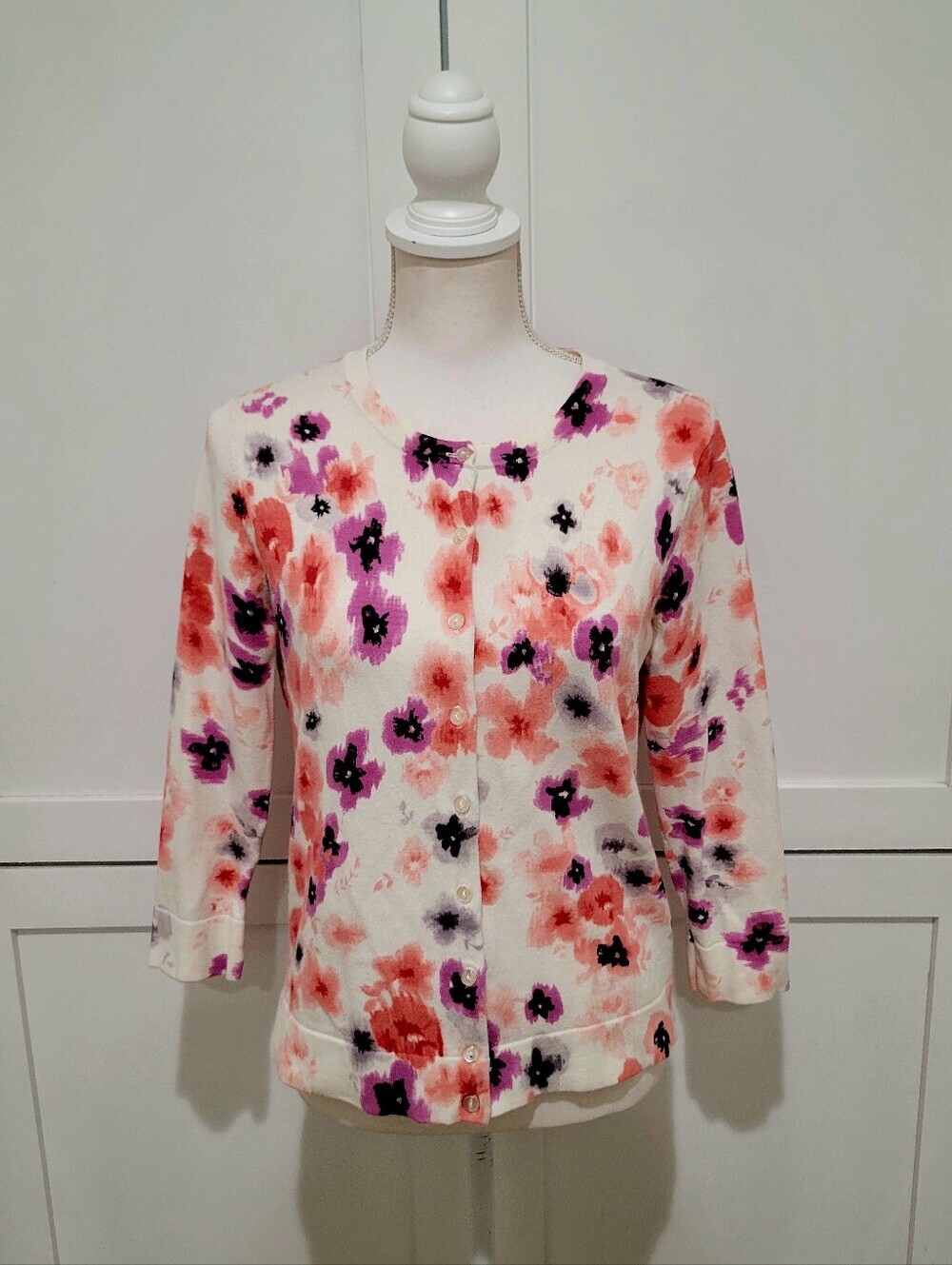 Charter Club Cotton Blend Floral Cardigan - Cream, Pink & Purple | Medium